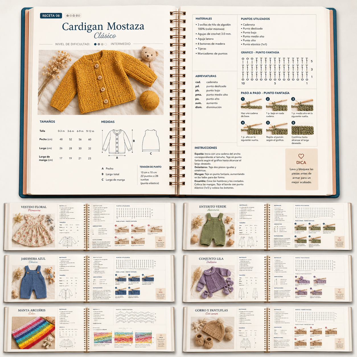 Páginas de patrones de crochet organizados con modelos de saquitos, vestidos, enteritos y conjuntos para bebé