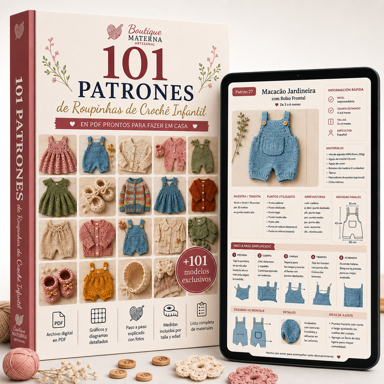 Colección Básica: libro de 101 patrones de crochet infantil y tablet con un patrón detallado