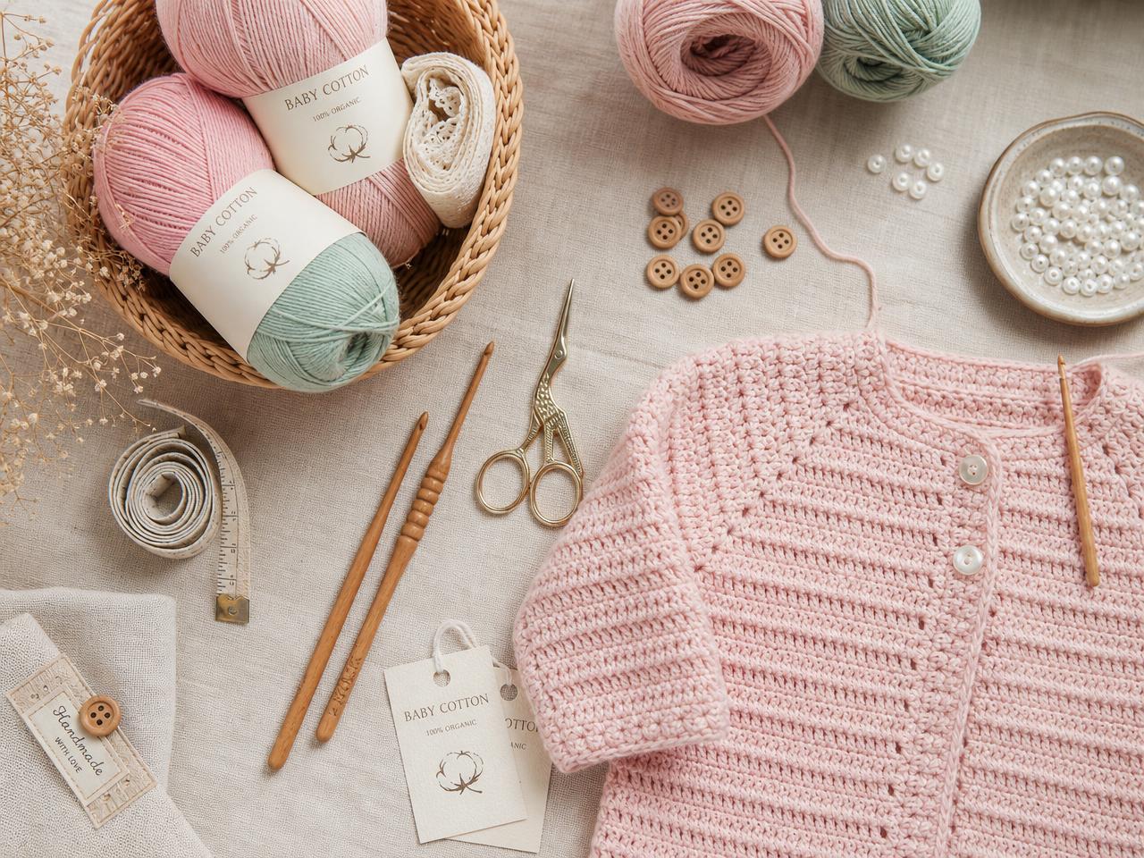 Materiales de crochet para ropita de bebé: hilos pastel, agujas, botones de madera, cintas y tijeras sobre tela de lino