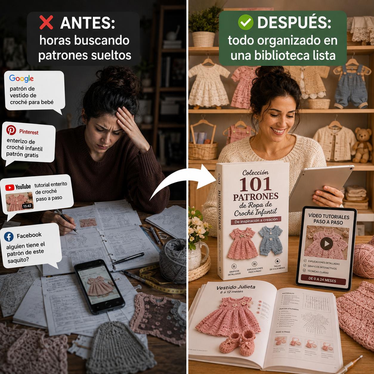 Comparación antes y después: de buscar patrones sueltos en internet a tener todo organizado en una biblioteca de crochet infantil