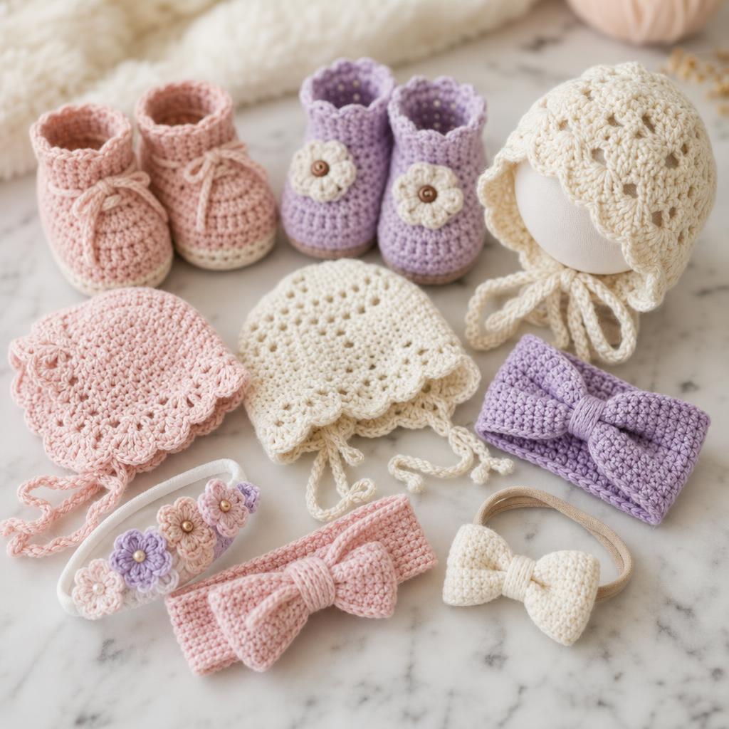 Accesorios delicados de crochet: escarpines, gorritos y moños