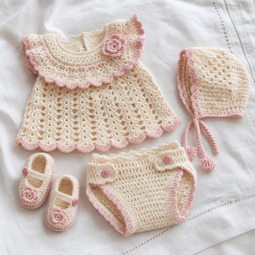 Conjunto coordinado de crochet infantil con accesorios