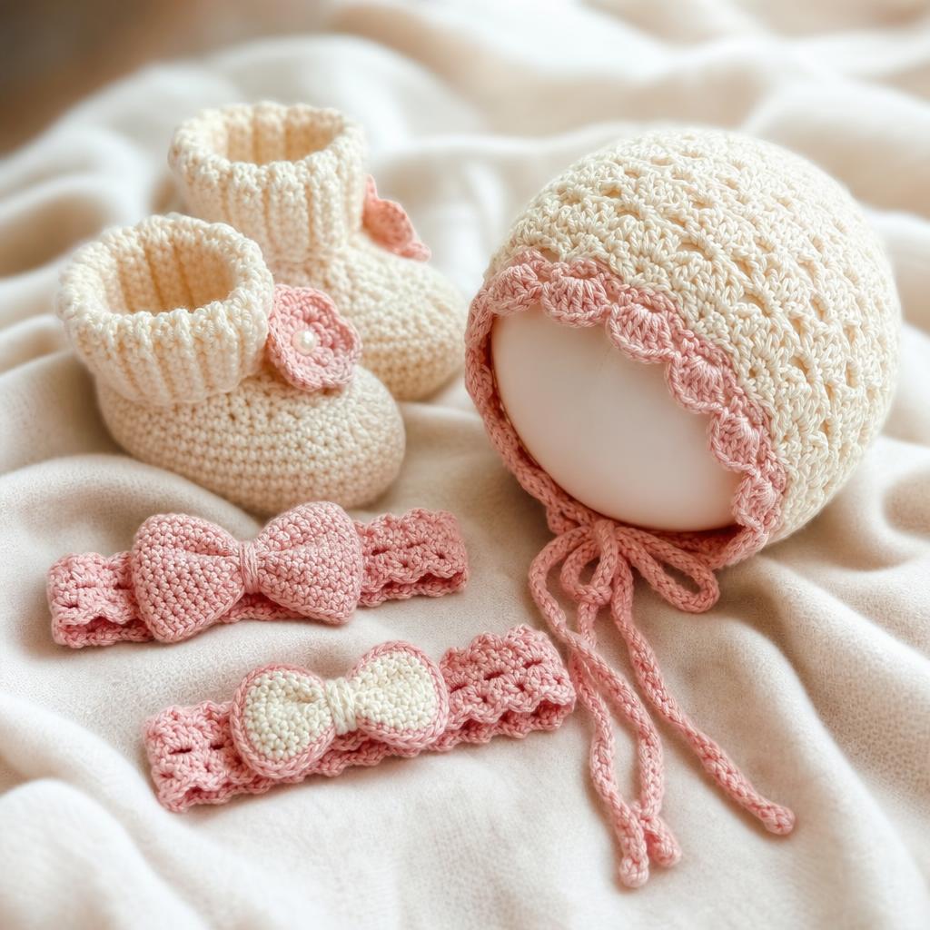 Escarpines, gorrito y moños de bebé tejidos a crochet en tonos crema y rosa