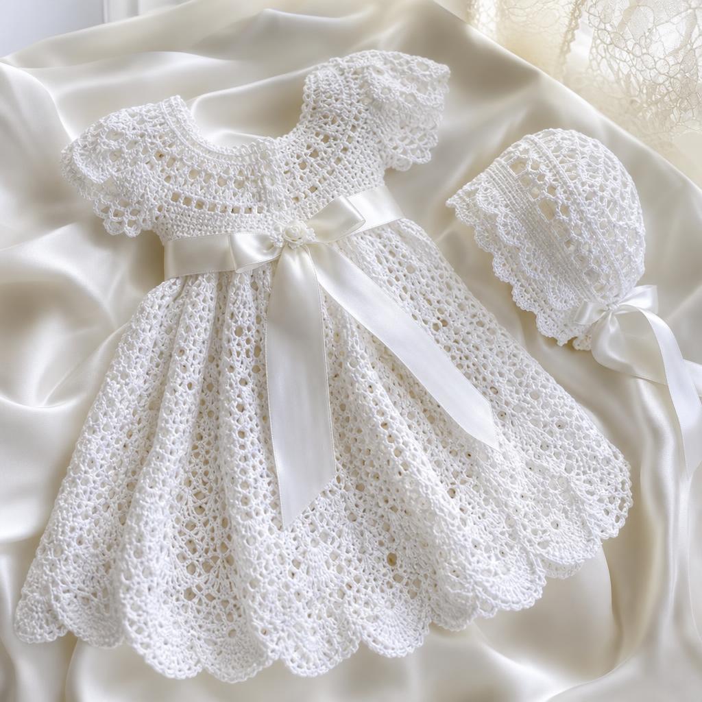 Vestido y gorrito de bautizo tejidos a crochet en blanco sobre seda marfil