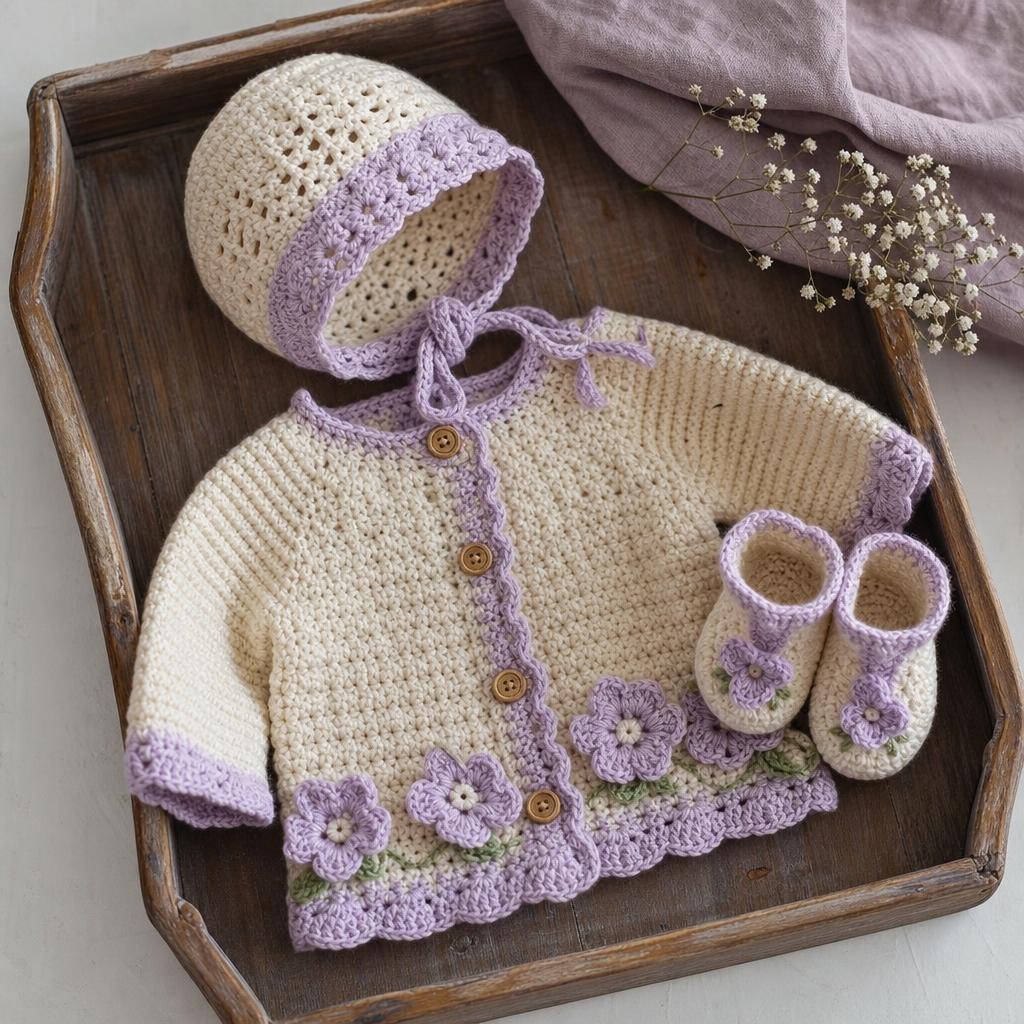 Conjunto de crochet para bebé con saquito, gorrito y escarpines en bandeja de madera