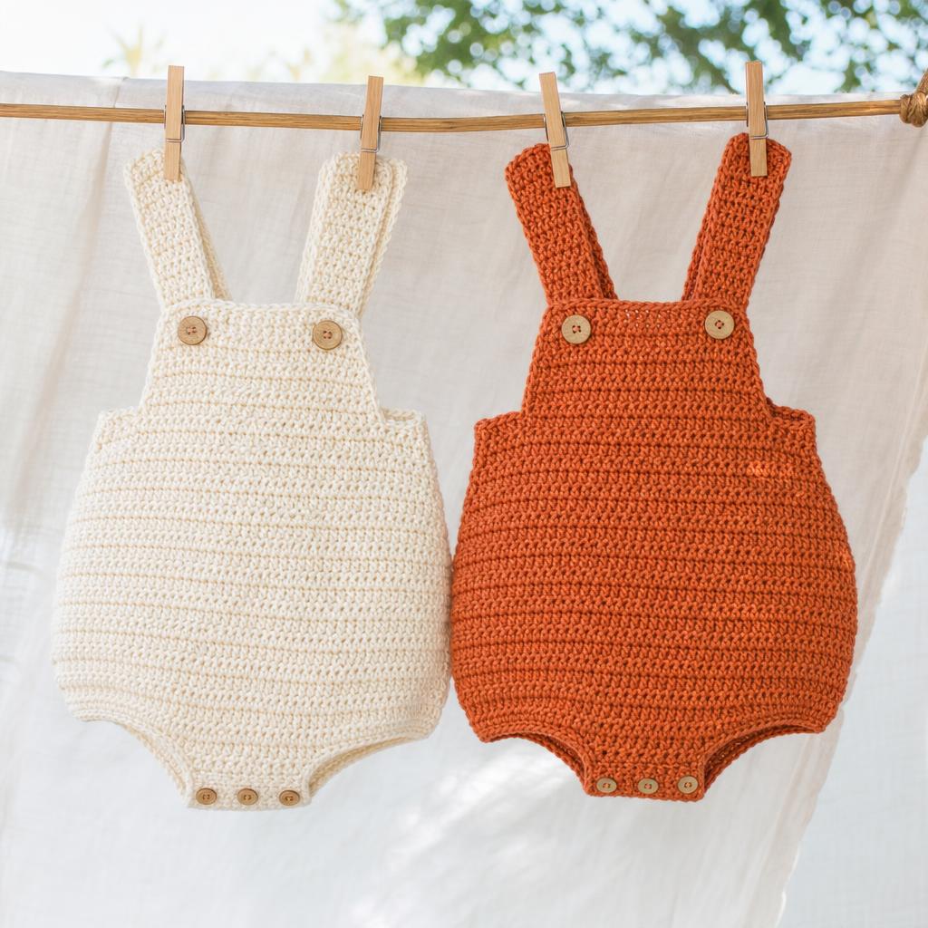 Enteritos de crochet para bebé en tonos marfil y terracota colgados en tendedero