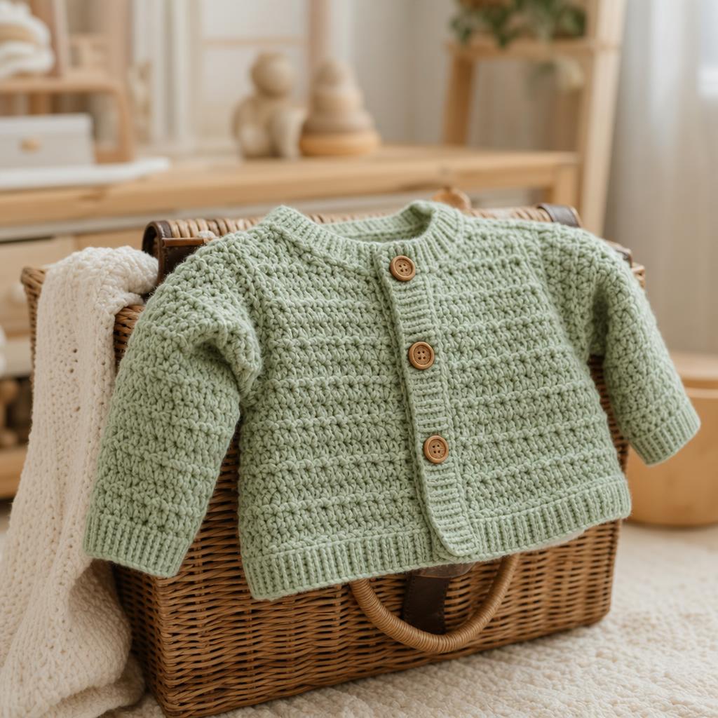 Saquito de bebé tejido a crochet en verde salvia sobre canasta de mimbre