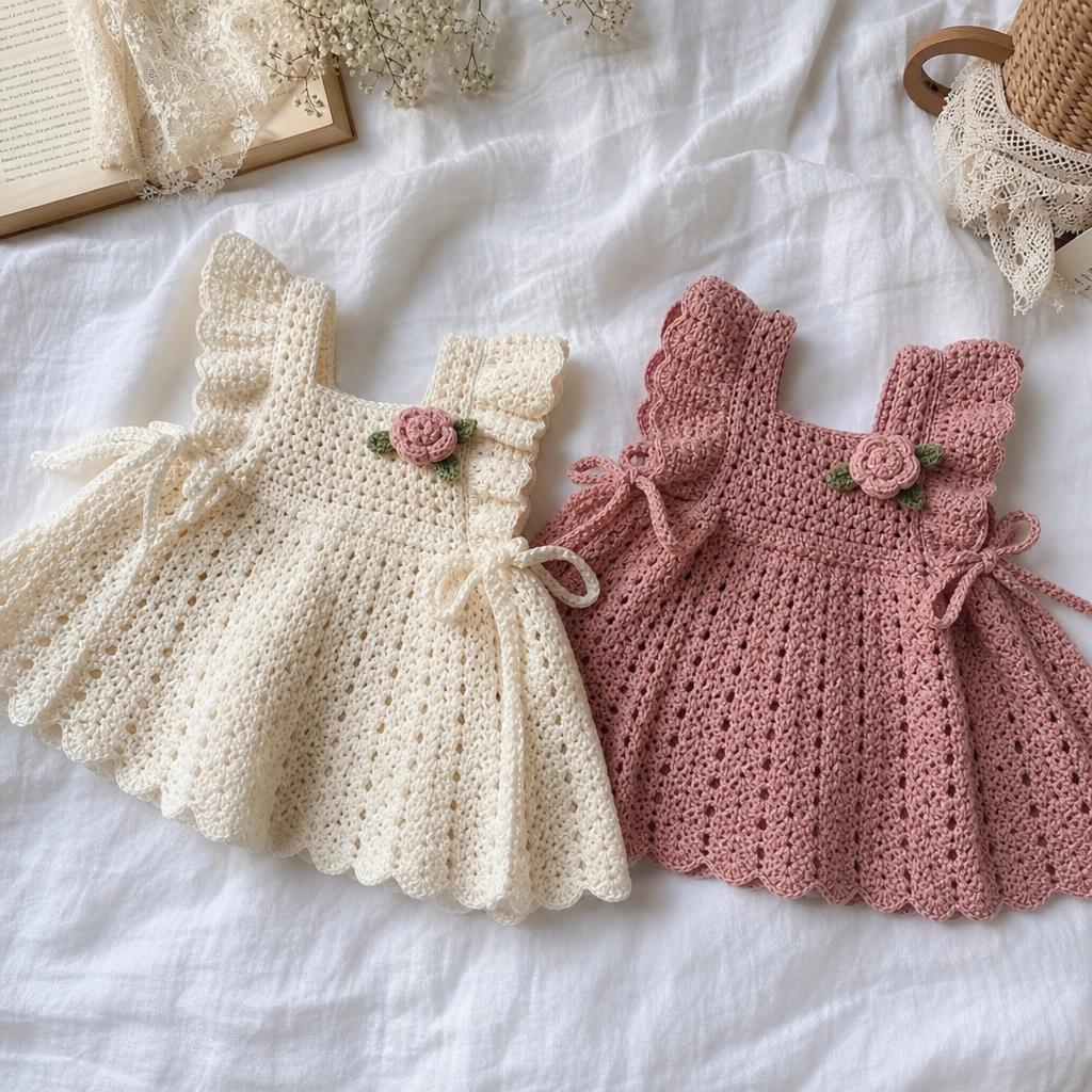 Dos vestidos de bebé tejidos a crochet en tonos crema y rosa sobre lino blanco