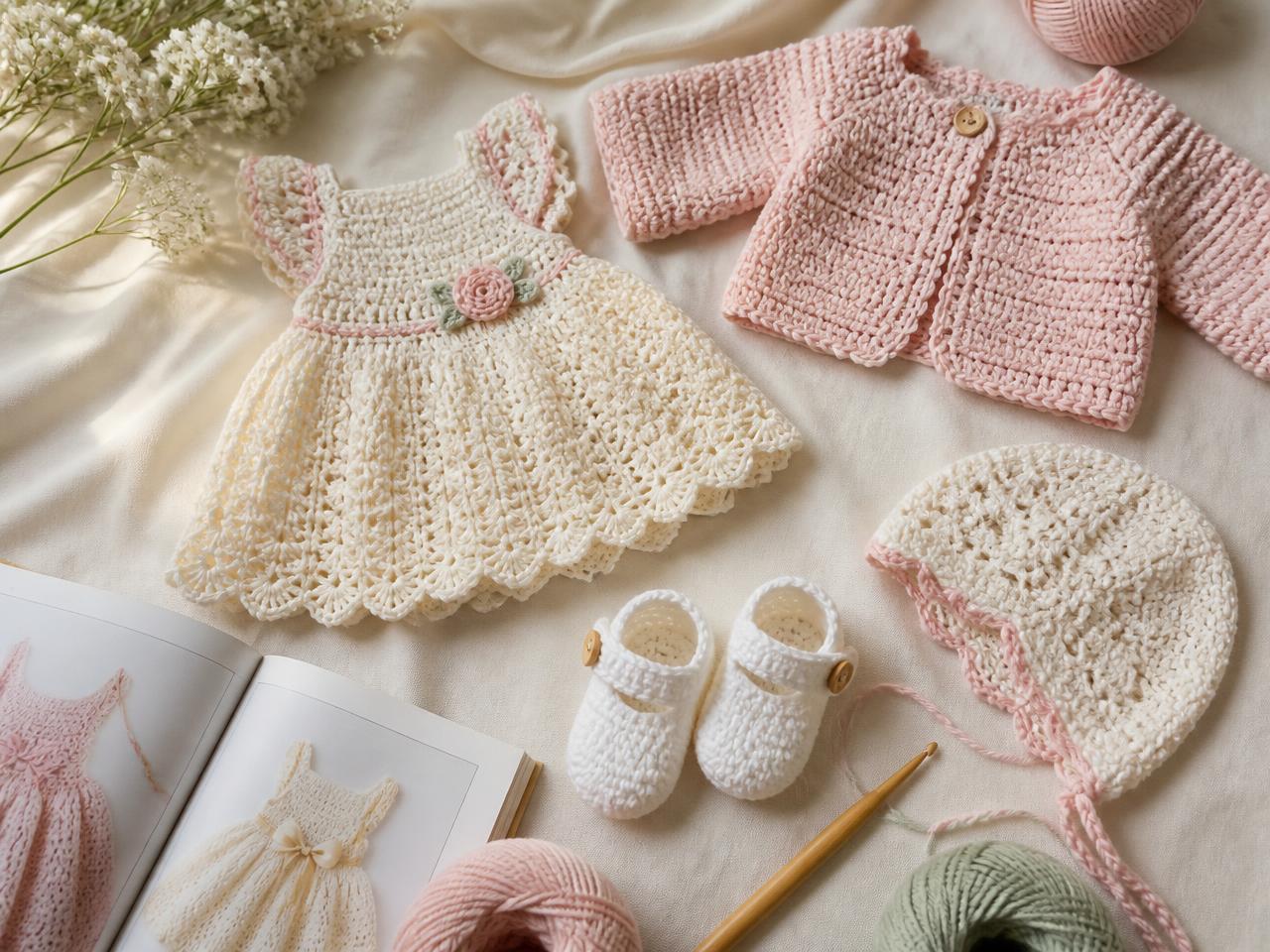 Colección de ropita de bebé tejida a crochet: vestido crema, saquito rosa, escarpines y gorrito sobre tela de lino