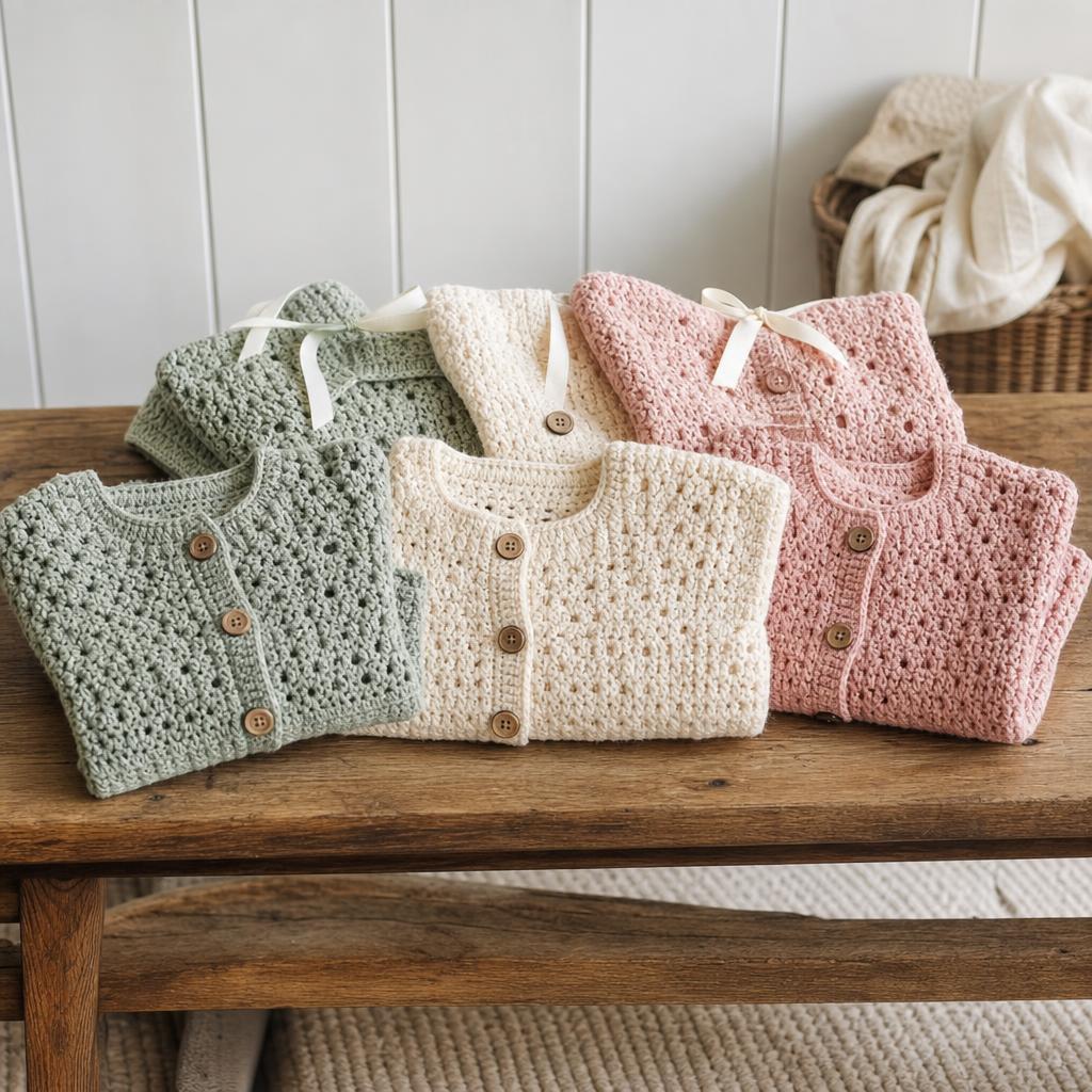 Saquitos y cárdigans infantiles de crochet doblados