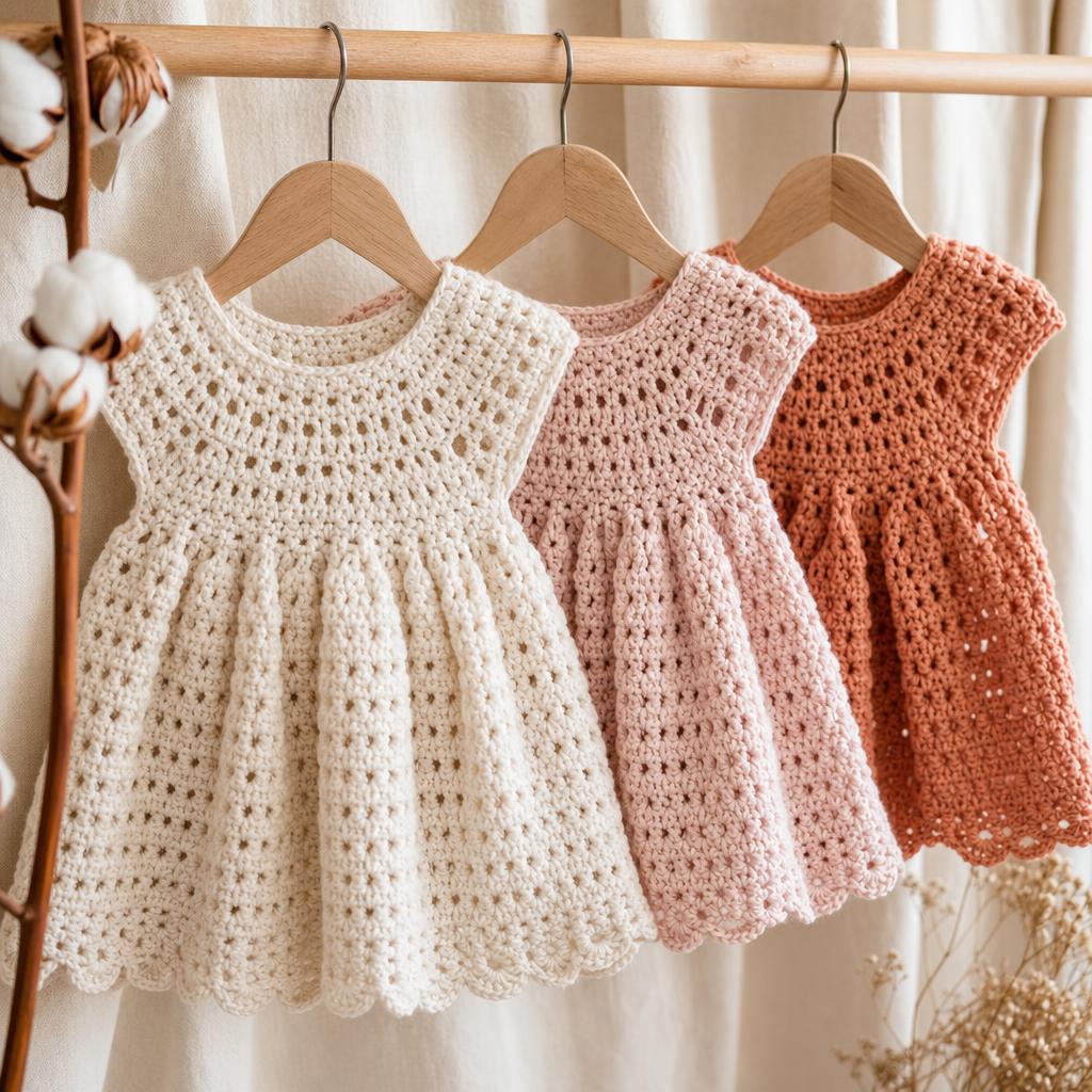 Vestidos infantiles de crochet en perchas de madera